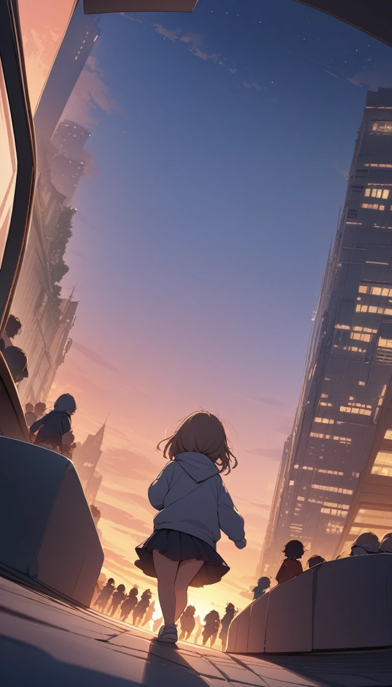((best quality)), ((masterpiece)), (detailed), ((Highest quality)), ((masterpiece)), (detailed), hide and seek、sunset、Lots of kids、Chase、run away、Run around、Cityscape at dusk、First magnitude star、Night Sky、Distant View Angle、Side Angle、