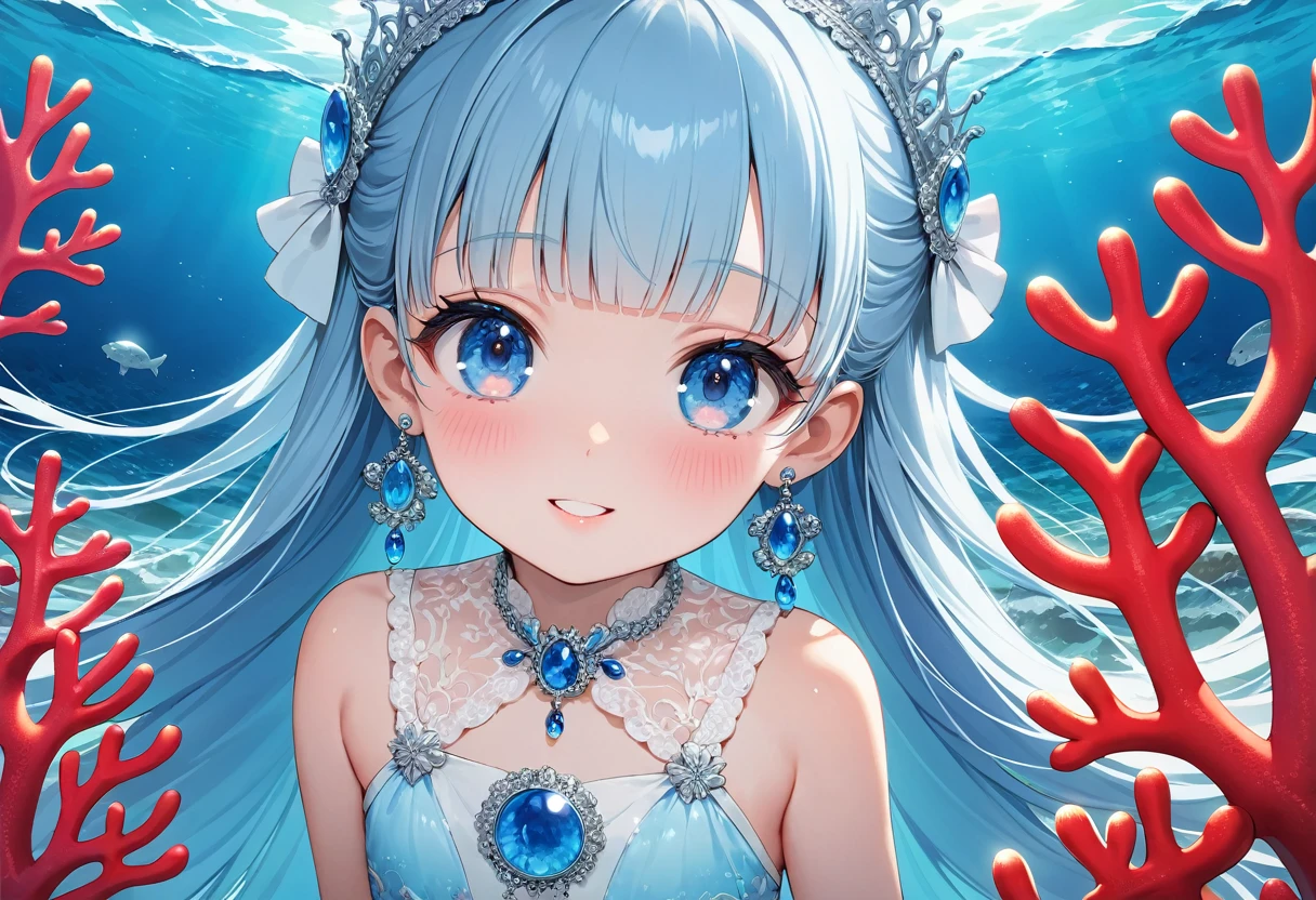 masterpiece, best quality, extremely detailed, (illustration, official art:1.1), 1 girl ,(((( light blue long hair)))), ,(((( light blue long hair)))),light blue hair, , long hair ((blush)) , cute face, big eyes, masterpiece, best quality,(((((a very delicate and beautiful girl))))),Amazing,beautiful detailed eyes,blunt bangs((((little delicate girl)))),tareme(true beautiful:1.2), sense of depth,dynamic angle,,,, affectionate smile, (true beautiful:1.2),,(tiny 1girl model:1.2),)(flat chest),tareme eye,
 (loli, petite), small smile, ,Big earrings,(The Coral Princess’s earrings are made of cute coral born from the depths of the sea. These earrings highlight her cute  even more, and their presence symbolizes the mystery and power of the sea. When she wears these earrings, those around her are fascinated by her beauty and elegance.)