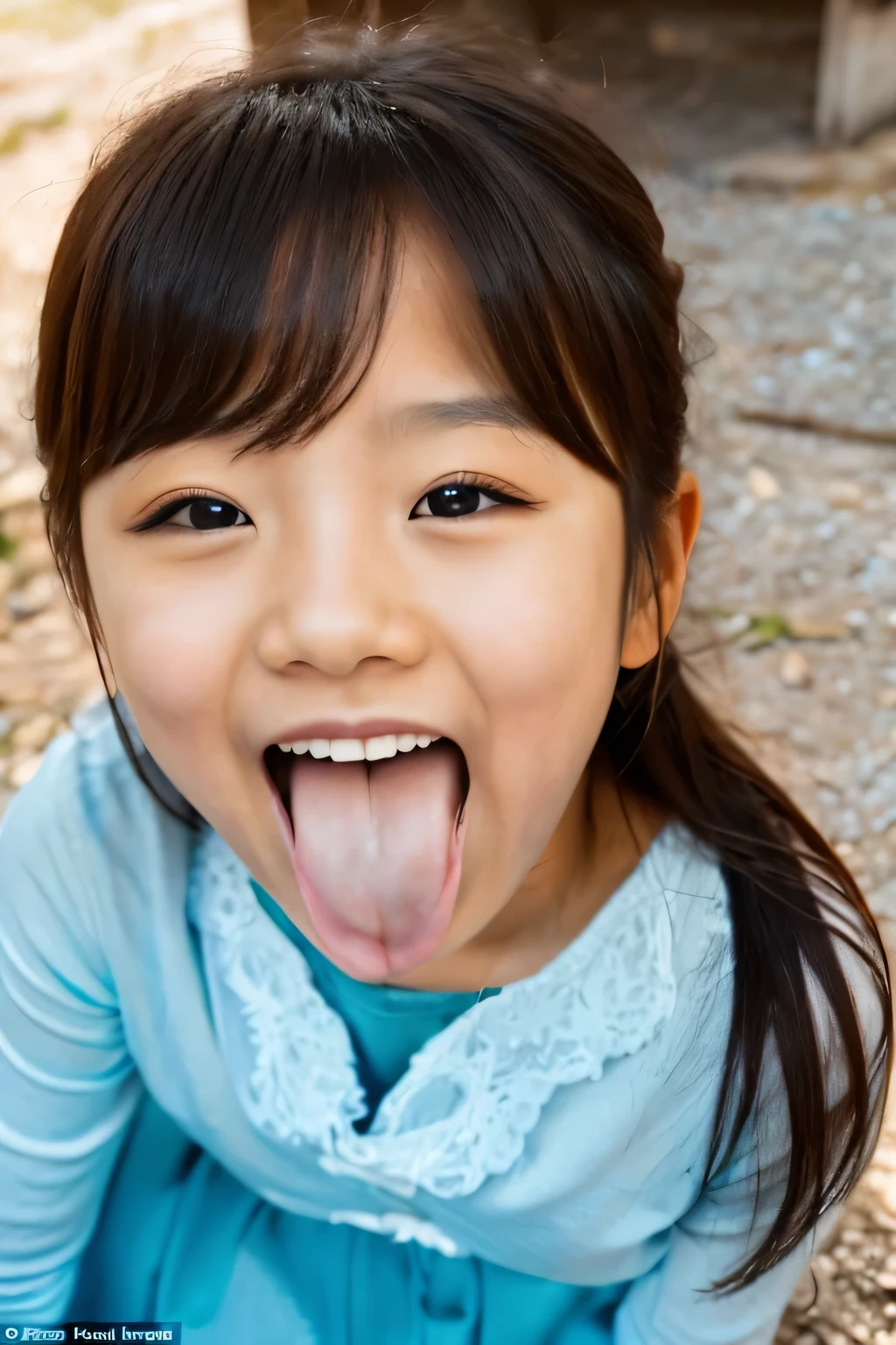 Korean,8-year-old,,woman,Show only the face,A scary smile,Open your mouth and eyes wide,stick your long tongue out of your mouth