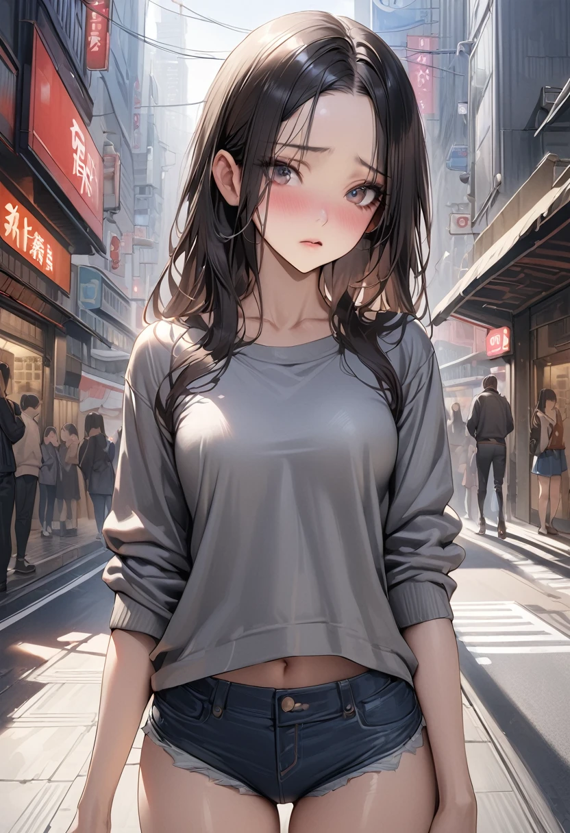 ((masterpiece,Highest quality:1.3,best quality illustration)),realistic,cowboy shot,独奏,1woman,(25 year old beauty),((very small head:1.3)),black hair,long hair,forehead,center parted bangs,black eyes,gorgeous big eyes,shy,((very long body,skinny)),medium breasts,gleaming skin,slender body,skinny,(oversized gray sweatshirt)、Denim Microshorts、standing,on street,Shinjuku、Tokyo、