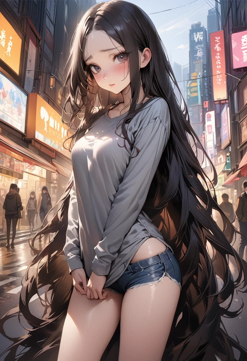 ((masterpiece,Highest quality:1.3,best quality illustration)),realistic,cowboy shot,独奏,1woman,(25 year old beauty),((very small head:1.3)),black hair,long hair,forehead,center parted bangs,black eyes,gorgeous big eyes,shy,((very long body,skinny)),medium breasts,gleaming skin,slender body,skinny,(oversized gray sweatshirt)、Denim Microshorts、standing,on street,Shinjuku、Tokyo、