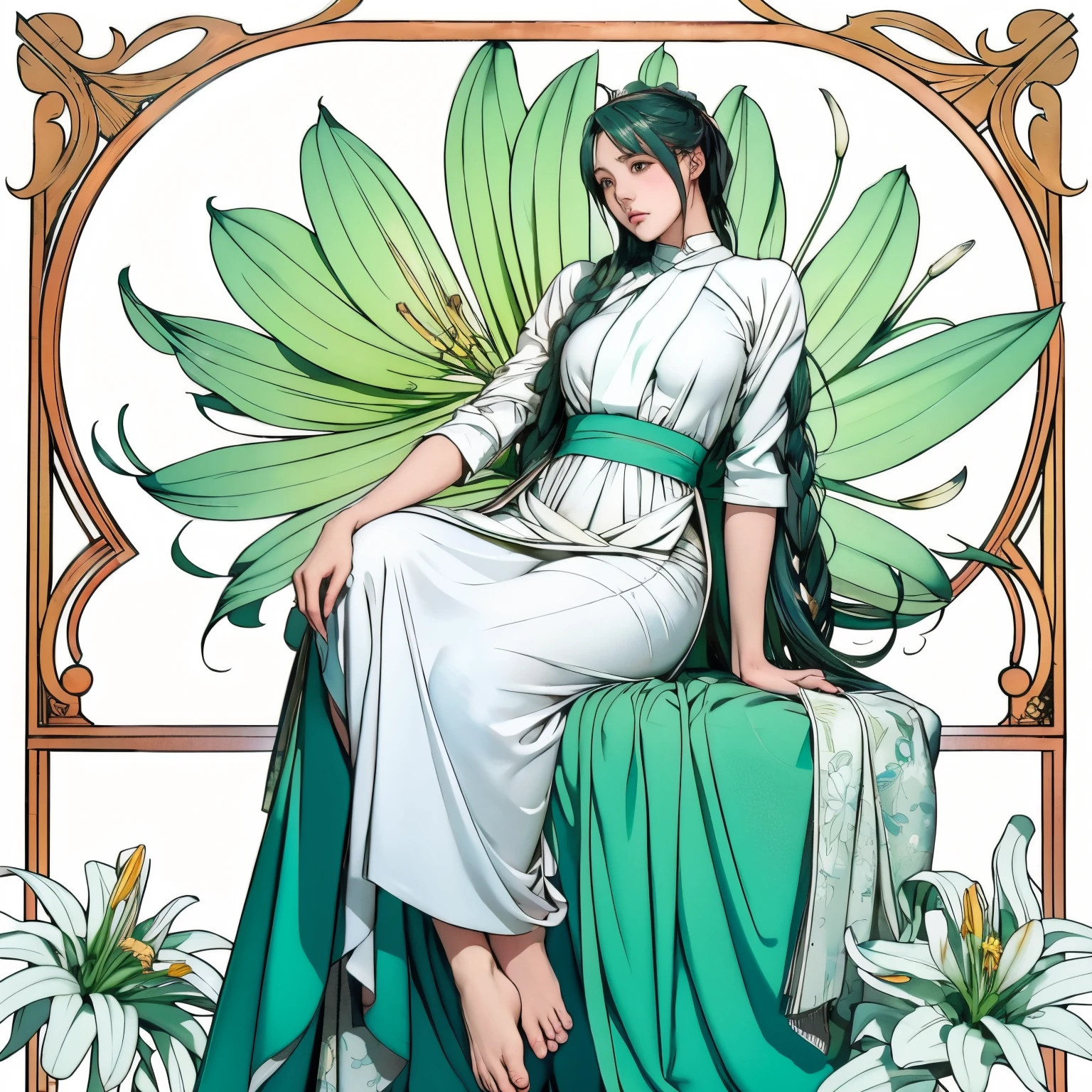 Alphonse Mucha風のポスターイラスト, Two-dimensional painting, Hatsune Miku in a pale grey ankle-length dress,Holding a bouquet of white lilies,Like the whole body,Slender,barefoot,Art Nouveau, Background plants, Hmph, Tabletop, Alphonse Mucha, Attention to detail