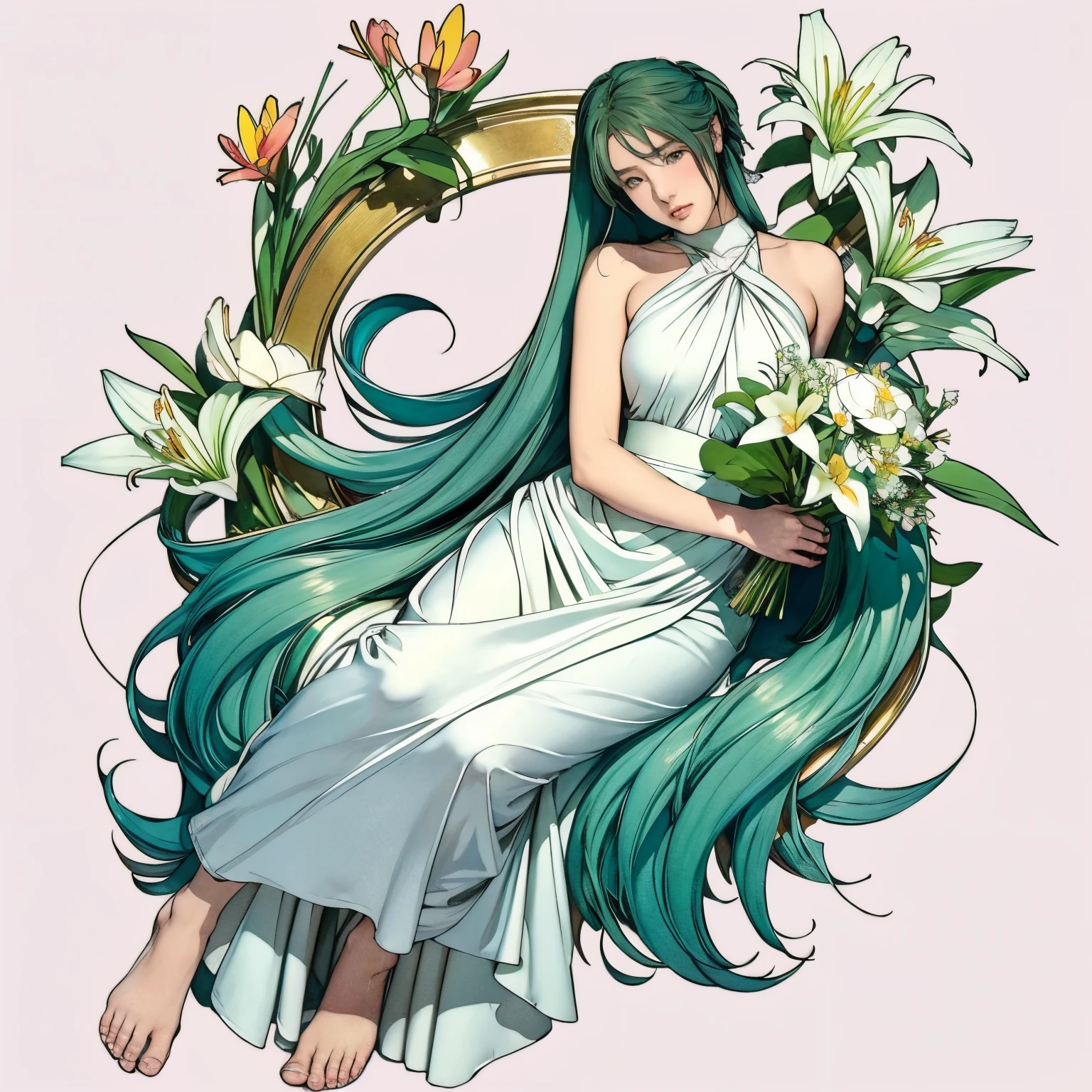 Alphonse Mucha風のポスターイラスト, Two-dimensional painting, Hatsune Miku in a pale grey ankle-length dress,Holding a bouquet of white lilies,Like the whole body,Slender,barefoot,Art Nouveau, Background plants, Hmph, Tabletop, Alphonse Mucha, Attention to detail