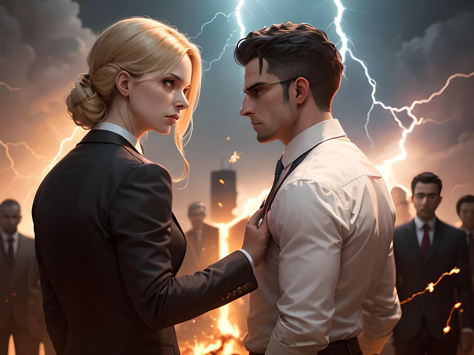 best quality, masterpiece, high resolution, detailed, A lawyer and a prosecutor, glare at each other, sparks, lightning, flames,