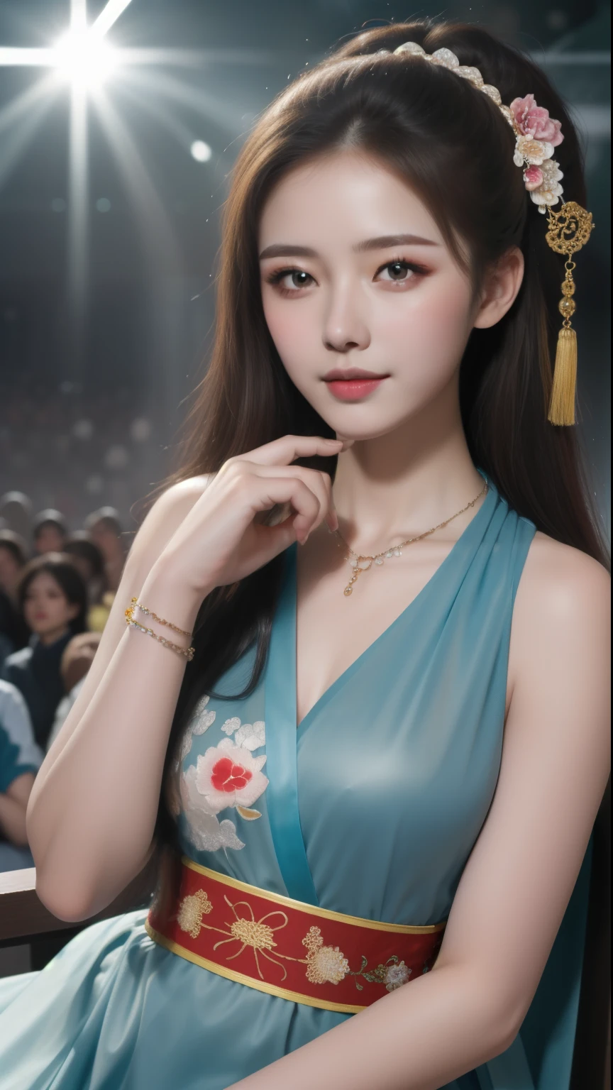 masterpiece, Official Art, Unity 8K wallpaper, Extremely detailed, beautiful and aesthetic, best quality, Intricate details,
real world,(Surrealism:1.1),(Extremely detailed scale:1.3),best quality, Tyndall effect,1 Girl,FOG,(Sunlight:1.3),(Sunlight through hair:1.3),Long hair,(Looking at the audience:1.3),(Multicolored Glass:1.2),
(whole body:1), (Excalibur:1),sit, Flowers,
(Random Angle, Random pose,Random Effect),charming, Tempting, Tempting的, , enchanting,
luxurious, Jewelry, Gorgeous, necklace, bracelet, hairpin,embroidery,(Shiny see-through Hanfu:1),
Embed:Overall details,