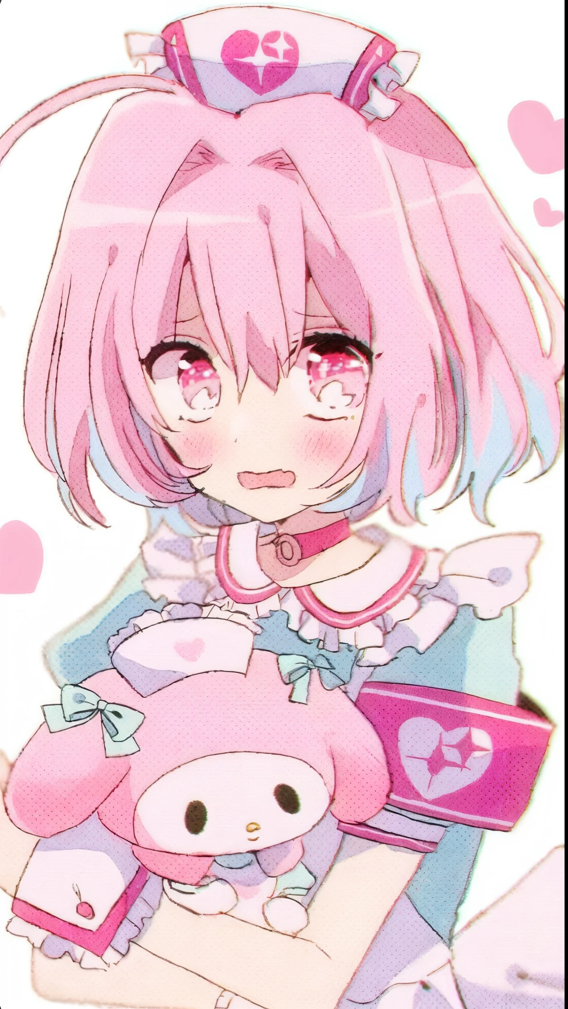 NSFW, 1girl with penis, standing in front of you, pink and white school girl outfit, pink short hair, twintails, cartoon hearts sprouting from the ground, looking away, shy, handing himself a white love letter, very short skirt