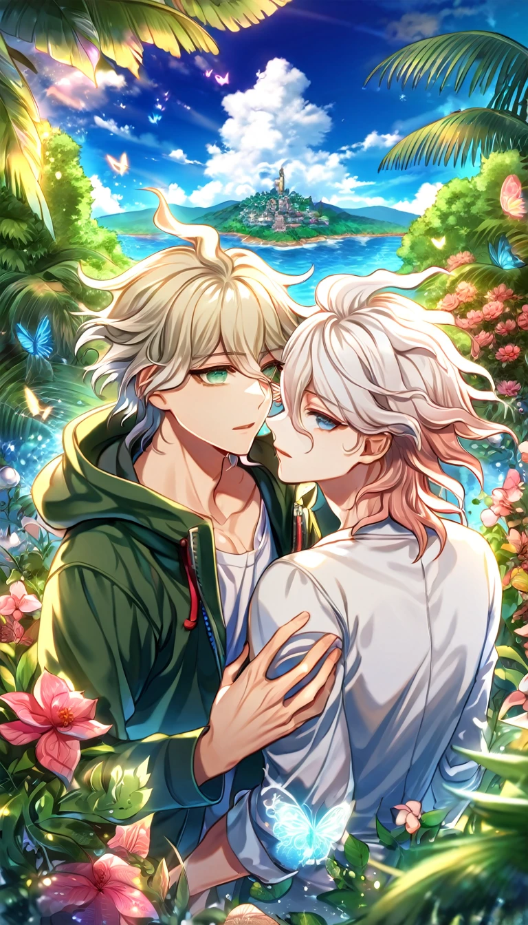 Ultra detailed, HDR, Highres, absurdres, master piece, Aiden, ash blonde hair, expressive green eyes, Komaeda Nagito, white hair, expressive green-gray eyes, green coat with hoodie, white shirt, Danganronpa 2, flowers, butterflies, fantasy, magical, green leaves, summer, handsome, two sexy man together, gay couple, yaoi, love, sensual, island