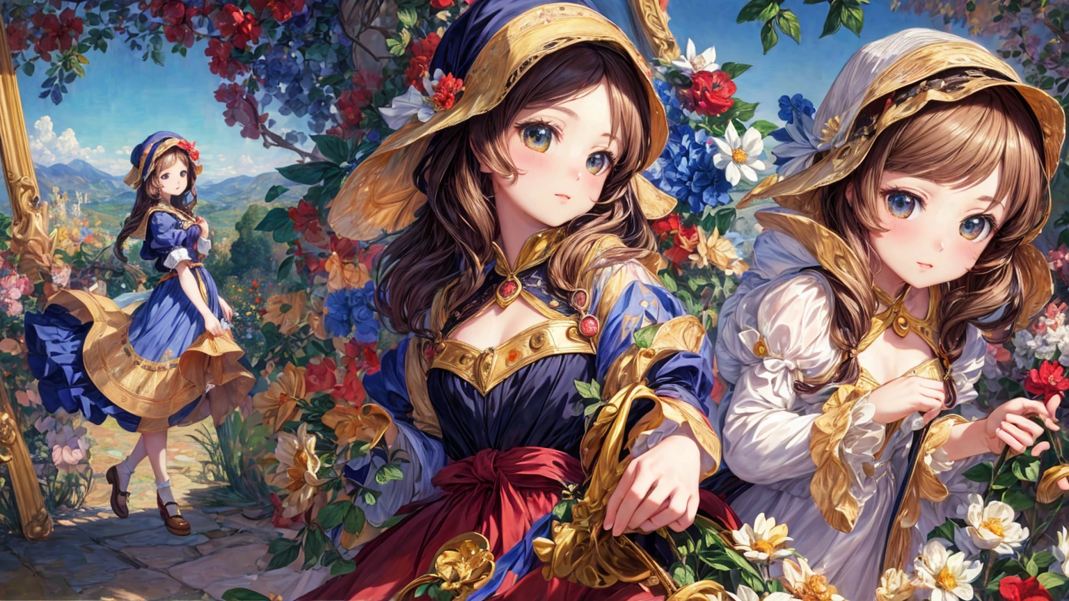 ((masterpiece, best quality, ultra detailed:1.3), official art, 4k:1)
, ((:1.2) lustrous skin cute anime 1girl:1.1)
, (Leonardo da Vinci Botticelli detailed drawn characters:1)
, (Vermeer Renoir style detailed clothes:1)
, (Fragonard Mucha Monet style colorful detailed background:1)
, exemplary composition,