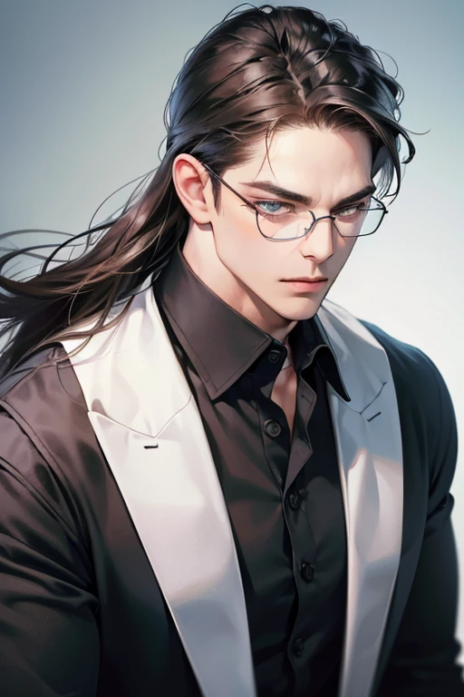 (Best quality,4K,8K,a high resolution,masterpiece:1.2),ultra detailed,(realistic,photorealistic,photo-realistic:1.37),39 year old man,3 day beard,Beautiful anime,portraits,strong,masculine,dark hair,Sharp jawline,Mesmerizing eyes,Perfectly styled hair,cool anime outfit,confident expression,bright colors,dynamic lighting, grey eyes, (black shirt, glasses on face)