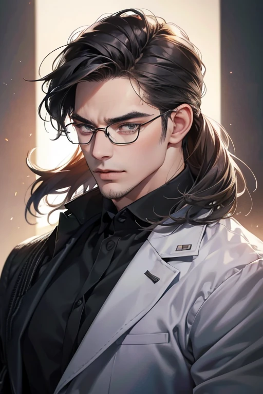 (Best quality,4K,8K,a high resolution,masterpiece:1.2),ultra detailed,(realistic,photorealistic,photo-realistic:1.37),39 year old man,3 day beard,Beautiful anime,portraits,strong,masculine,dark hair,Sharp jawline,Mesmerizing eyes,Perfectly styled hair,cool anime outfit,confident expression,bright colors,dynamic lighting, grey eyes, (black shirt, glasses on face)
