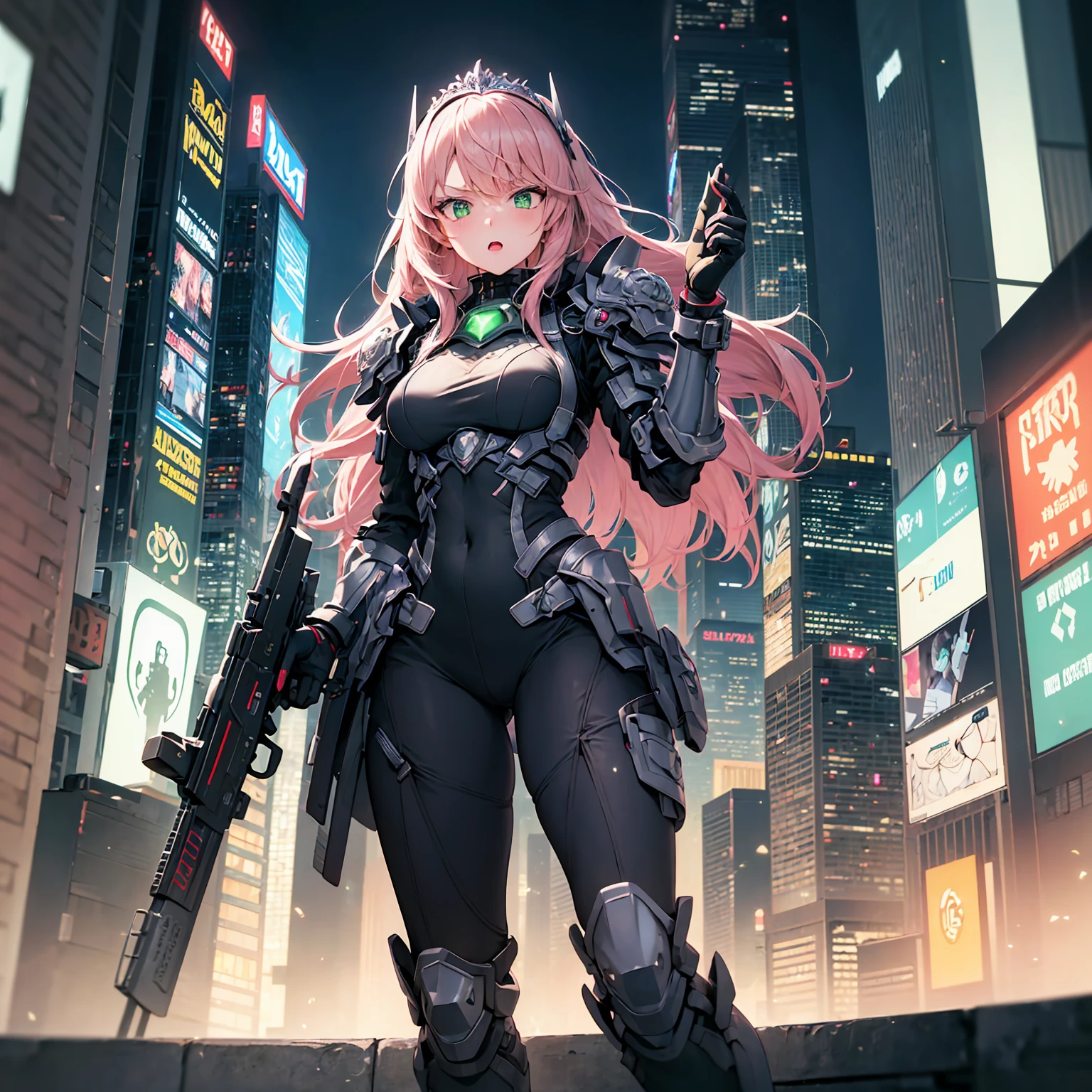 (((masterpiece, best quality, 16k)))A sleek and modern artwork of a cyberpunk female character in a high-tech, futuristic cityscape. The full-body view reveals her clad in black and silver clothes, featuring armored boots, a chestplate, and ornate shoulder pads. Her pink hair and green eyes add a vibrant contrast to her high-tech ensemble. She wields a laser gun and wears a tiara, combining elegance with cutting-edge technology.
The background is a neon-lit cityscape with towering skyscrapers and bustling streets. Holographic advertisements flicker in the air, and flying vehicles zip by, creating a dynamic and futuristic atmosphere that highlights the character's sleek and modern design.