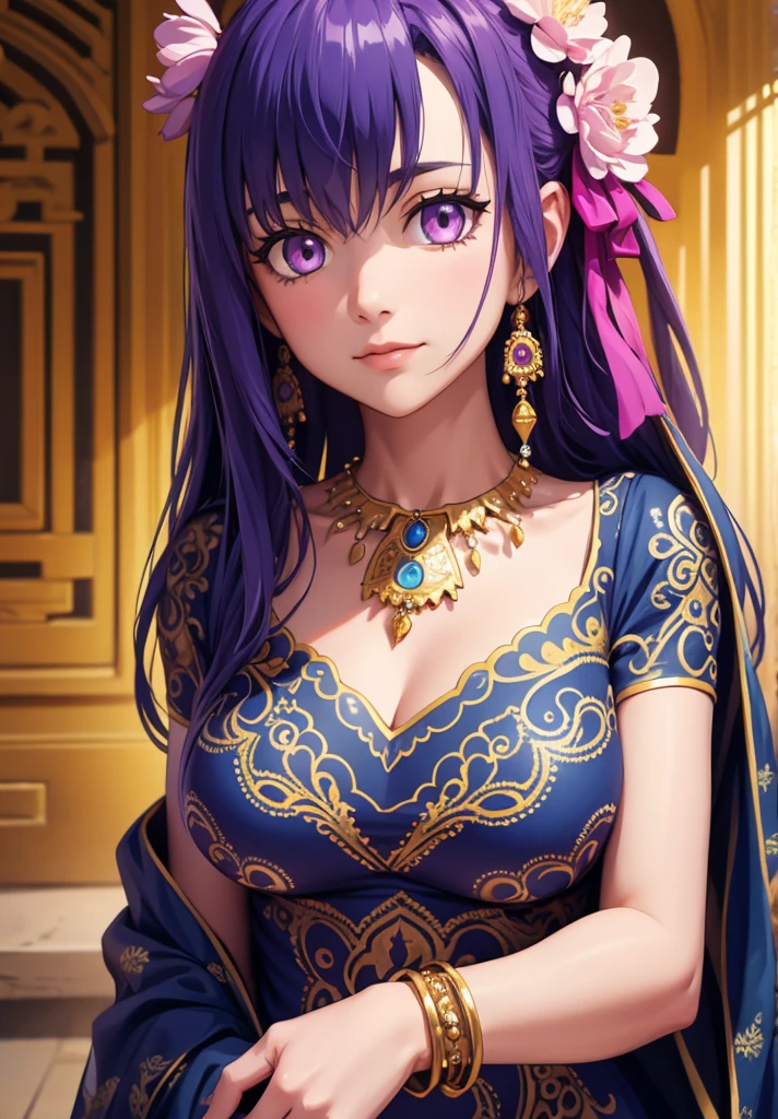 parvati, parvati, long hair, (purple eyes:1.1), purple hair,
BREAK bracelet, flower, hair flower, hair ornament, indian clothes, jewelry, necklace, side slit,
BREAK looking at viewer,
BREAK outdoors,
BREAK (masterpiece:1.2), best quality, high resolution, unity 8k wallpaper, (illustration:0.8), (beautiful detailed eyes:1.6), extremely detailed face, perfect lighting, extremely detailed CG, (perfect hands, perfect anatomy),