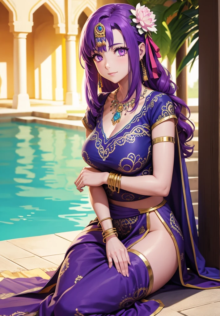 parvati, parvati, long hair, (purple eyes:1.1), purple hair,
BREAK bracelet, flower, hair flower, hair ornament, indian clothes, jewelry, necklace, side slit,
BREAK looking at viewer,
BREAK outdoors,
BREAK (masterpiece:1.2), best quality, high resolution, unity 8k wallpaper, (illustration:0.8), (beautiful detailed eyes:1.6), extremely detailed face, perfect lighting, extremely detailed CG, (perfect hands, perfect anatomy),