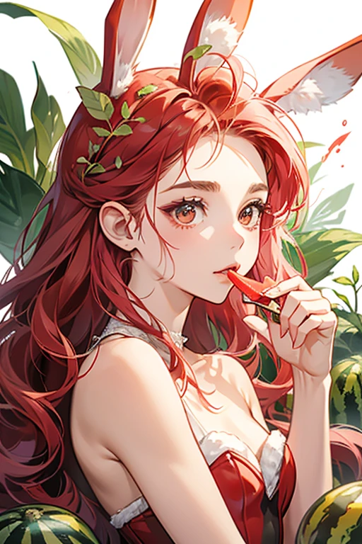 A red freezie pop with a small amount of liquid dripping from the right of her head. Small watermelon seeds adorn the top of her head, along with two leaf and two wood sticks to resemble bunny ears. She has a basic face. SPARKLE; GLITTER