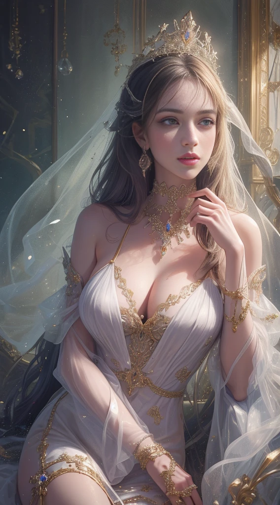 (Highest quality,8k,High resolution,masterpiece:1.2),Very detailed,(Realistic,Realistic,Photorealistic:1.37),Portraiture,Creative style artwork,historic,Classic,Sophisticated,Variety of colors,Very detailed,Soft lighting,Luxurious surroundings、,Bright flowers,Elaborate jewelry,Ethereal atmosphere,Elegant pose,Graceful curves,Gold Body Proportion,Flowing Hair,Breathtaking textile patterns,Stern purple eyes,Delicate floral decoration,A stunning array of crystal accessories,Mysterious and dreamy atmosphere,Perfect attention to detail.伯爵令嬢とloverが見つめ合い幸せに笑う姿、lover、like、Sparkling