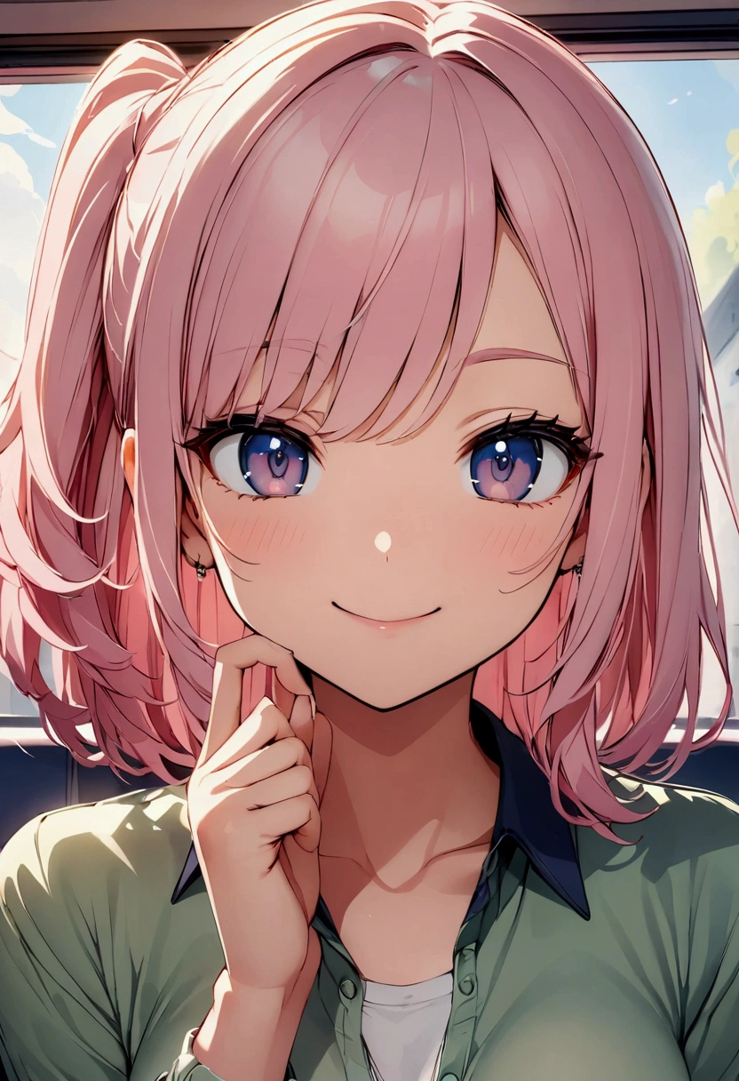(high resolution,high quality)anime、Beauty、cute、Stylish、Pink Hair、One Side Up、sexy、Stylish casual clothes、View your viewers、smile、on the train、smartphone