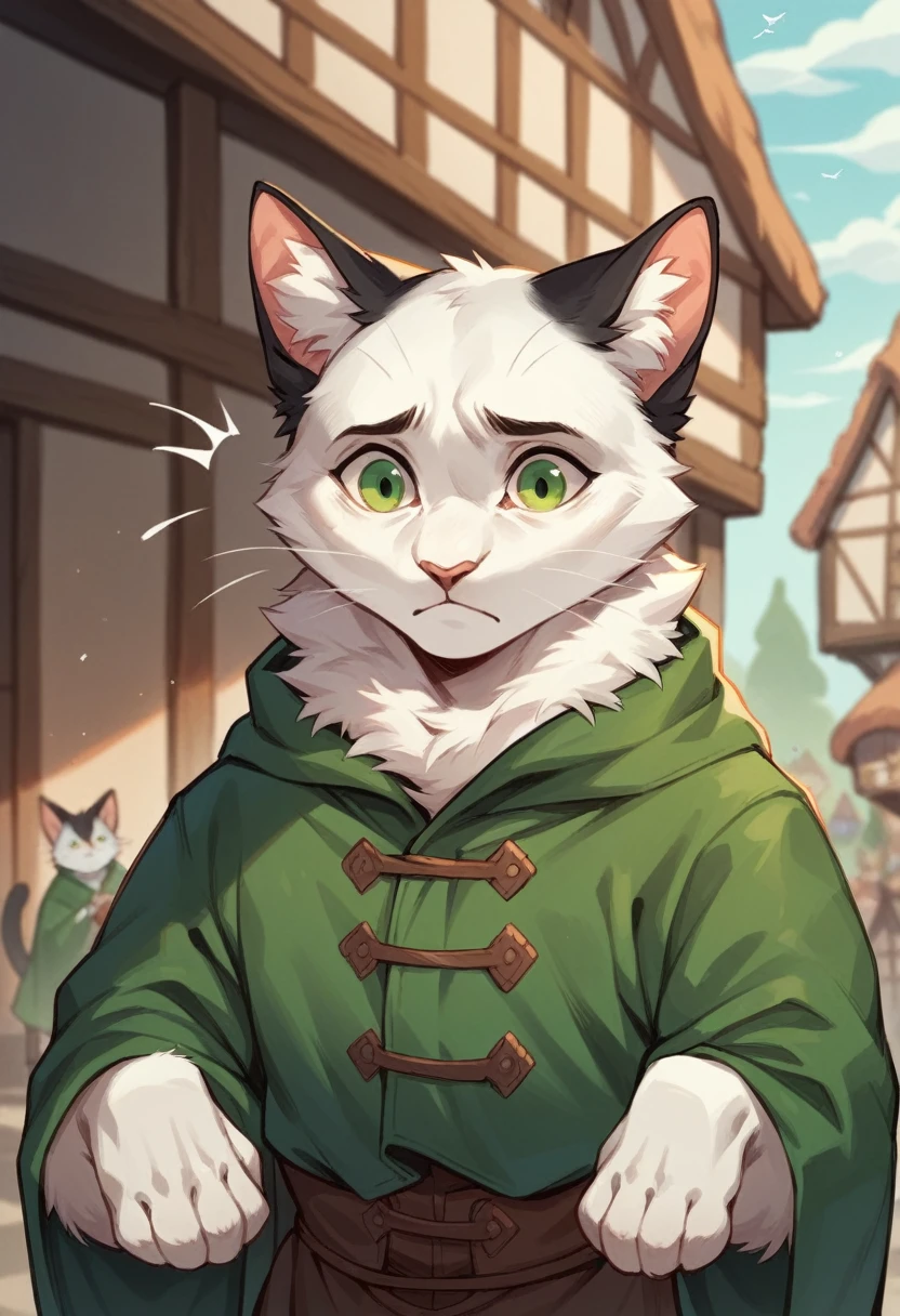Furry, cat, white fur, green eyes, big black ears, green jacket, Middle Ages , looks anxious, fullbody, stands in medieval town