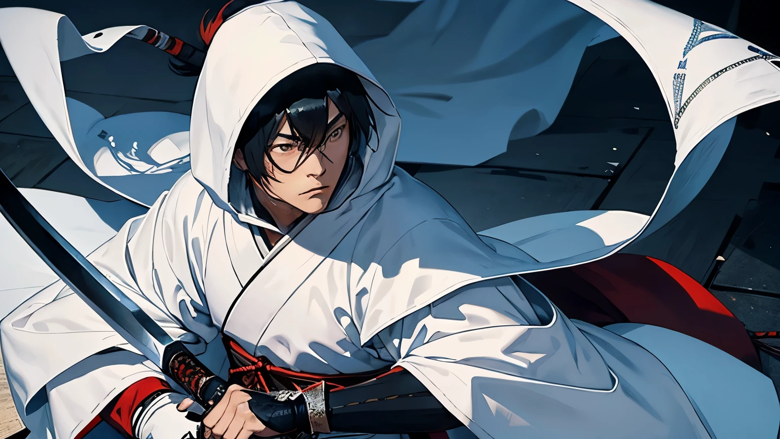 Wearing a white hood、Holding a sword、whole body、Kenshin Uesugi、40age、Wearing intricately designed traditional samurai armor、
Famous people in Japanese history、He has a stern look、Has an intimidating presence