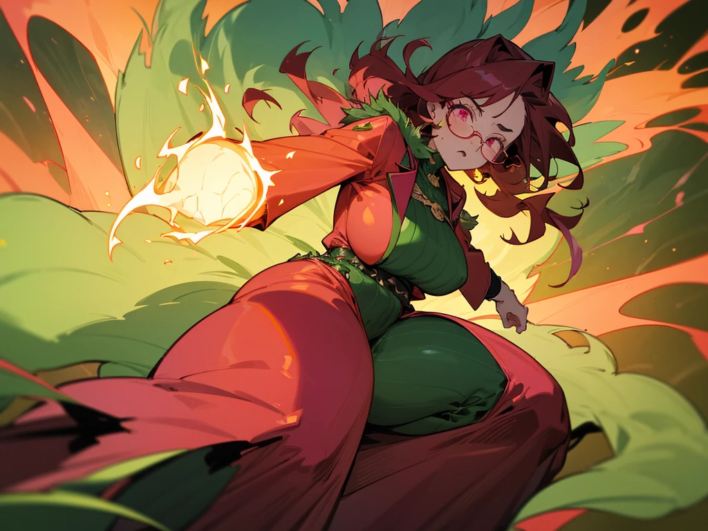 Thicc plump girl engulfed in Green flames+ Auburn huge hair+ tired pink eyes+pink round glasses+red fur coat+ huge buson+gorgeous plump body+blue very formal long dress+yellow fur mini coat+spiked Gold belt+furious Face+fighting position+engulfed in Green flames