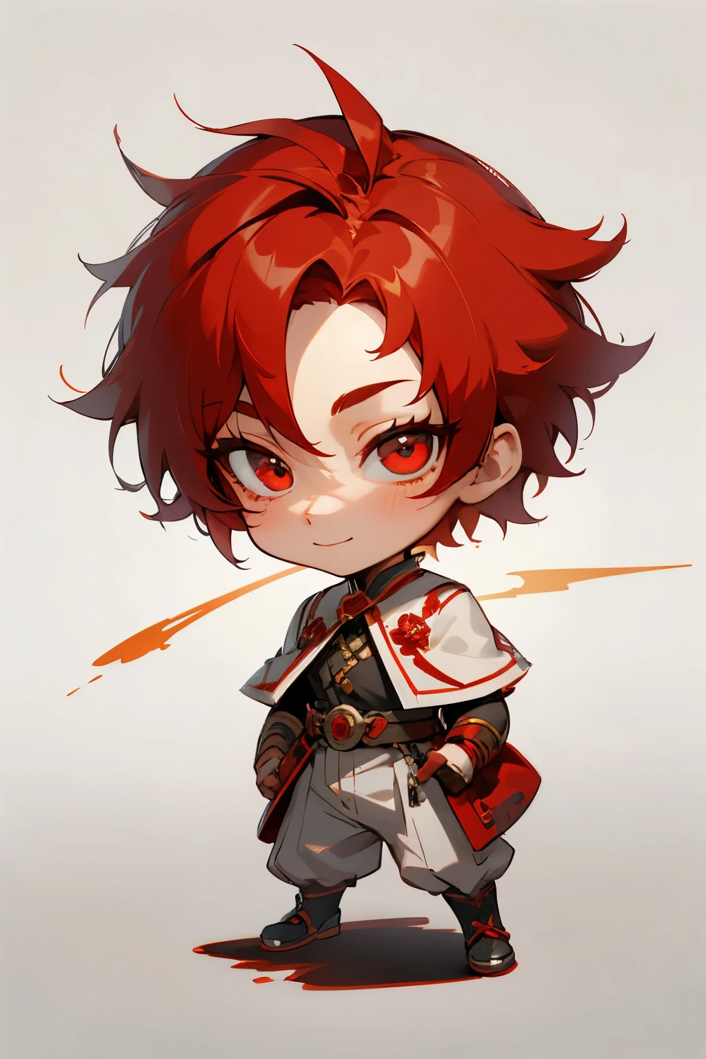 boy, full body, smile, thanks pose, cartoon style, chibi style, cute, beautiful face, red color eye, beautiful eye, high detailed pupil, double eyelid, high detailed skin, high quality skin, red color hair, white clothes, professional lighting, real shadow, masterpiece,