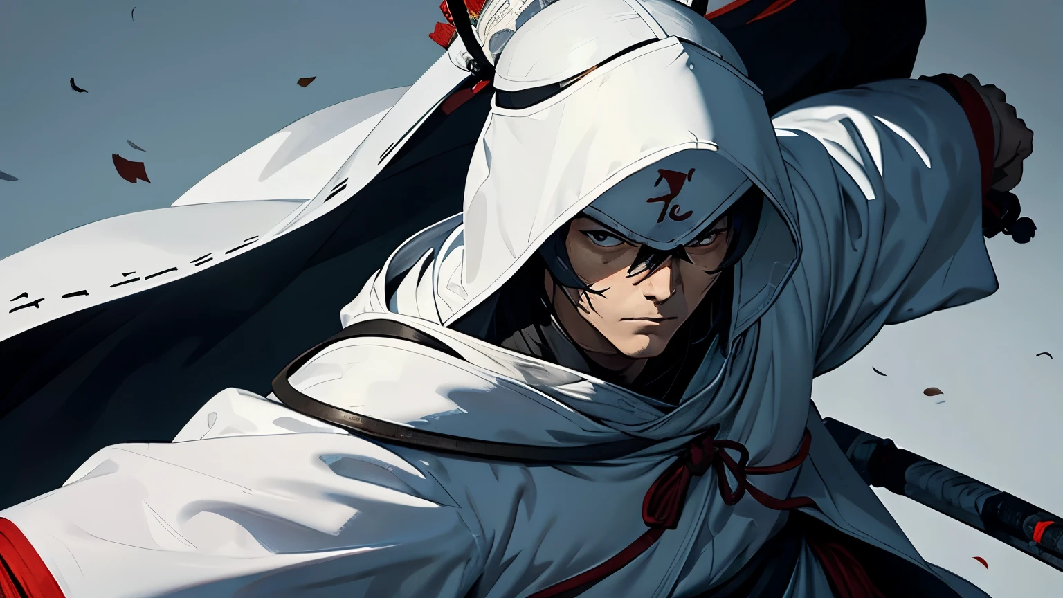 Wearing a white hood、Holding a sword、whole body、Kenshin Uesugi、４０age、Wearing intricately designed traditional samurai armor、
Famous people in Japanese history、He has a stern look、Has an intimidating presence