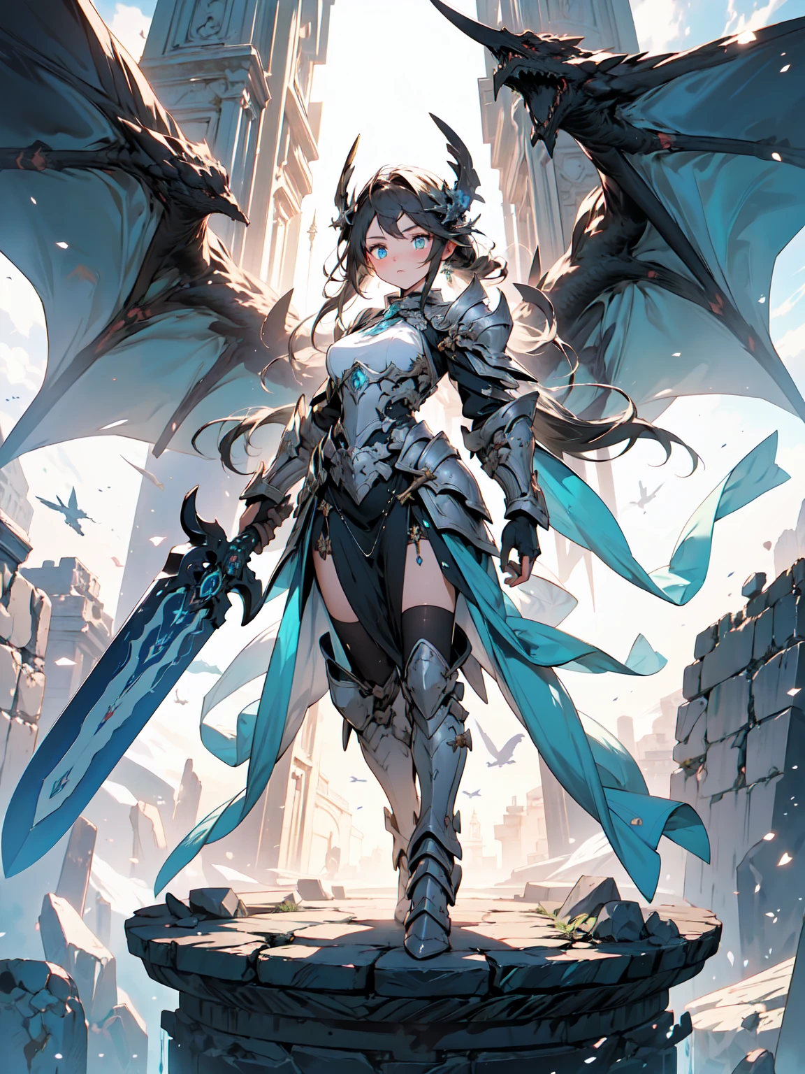 (((masterpiece))) (((best quality)))(((16k)))Full body shot of a fearless paladin with unparalleled beauty, featuring long, dark hair and striking blue eyes. She wears intricately designed draconic armor that glimmers with a mystical aura. Her armor is adorned with dragon scales and ornate patterns, giving it both an imposing and elegant appearance. In her hand, she wields a magnificent sword, the blade shimmering with a divine light, etched with runes of power. She stands in a majestic, celestial landscape, with radiant light filtering through the clouds, casting a holy glow upon her. The ground beneath her is a mix of ancient stones and sacred symbols, glowing softly as if infused with holy energy. Surrounding her are ethereal figures in shades of gold and white, their presence adding to the divine ambiance. The background features towering, ancient ruins and magnificent, skyward-reaching structures, hinting at a grand, heavenly stronghold. The scene is inspiring and powerful, with her face showing a serene yet determined expression, her eyes locked onto her noble mission.

[Best quality], [Masterpiece], [Ultra-detailed], [4k], {inspiring|majestic} atmosphere, celestial landscape, {dynamic pose|noble stance}, radiant illumination, {soft shadows|divine lighting}, {glowing ancient stones:0.7}, {ethereal figures:0.6}, {heavenly architecture:0.5}, {towering ruins:0.4}, {skyward-reaching structures:0.3}.