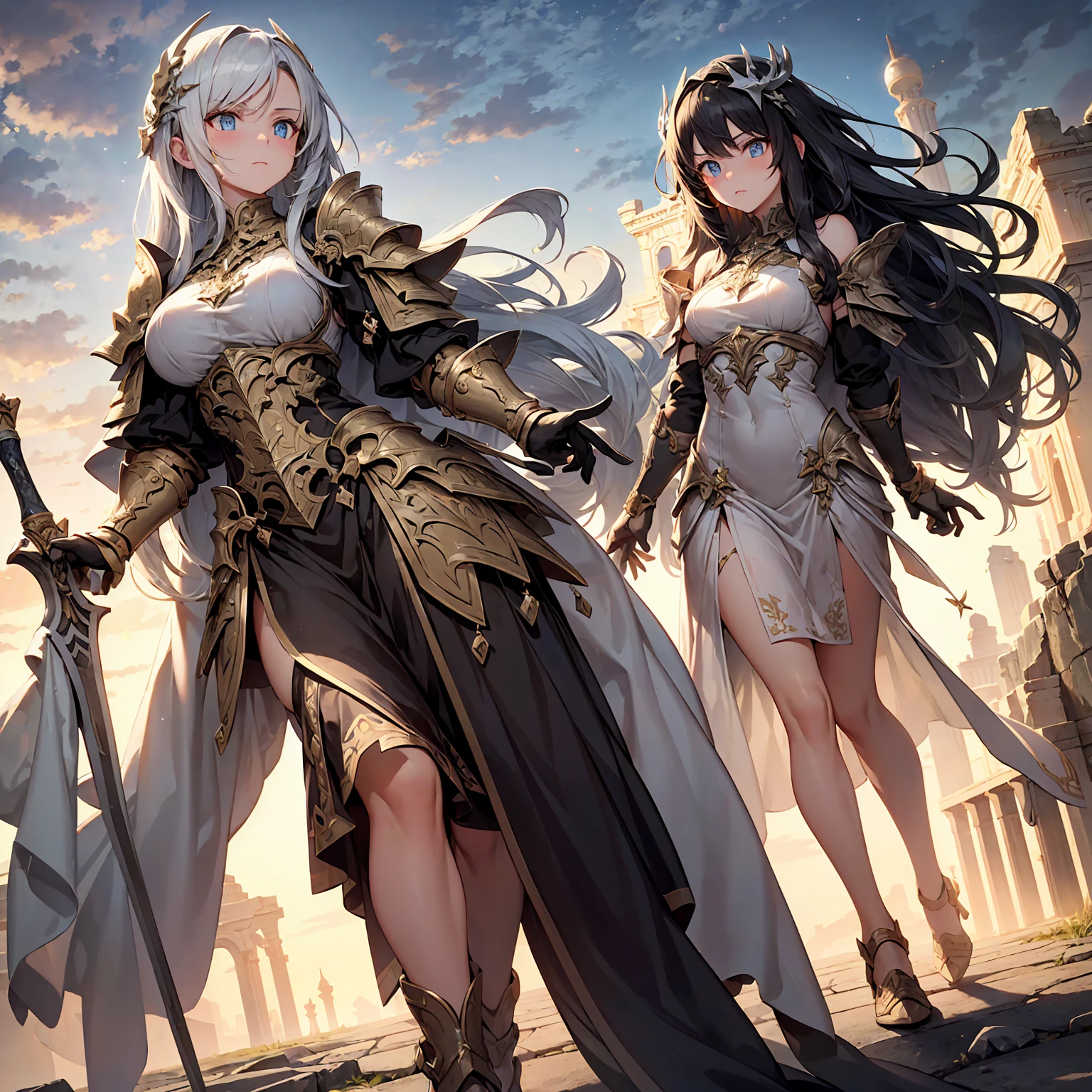(((masterpiece))) (((best quality)))(((16k)))Full body shot of a fearless paladin with unparalleled beauty, featuring long, dark hair and striking blue eyes. She wears intricately designed draconic armor that glimmers with a mystical aura. Her armor is adorned with dragon scales and ornate patterns, giving it both an imposing and elegant appearance. In her hand, she wields a magnificent sword, the blade shimmering with a divine light, etched with runes of power. She stands in a majestic, celestial landscape, with radiant light filtering through the clouds, casting a holy glow upon her. The ground beneath her is a mix of ancient stones and sacred symbols, glowing softly as if infused with holy energy. Surrounding her are ethereal figures in shades of gold and white, their presence adding to the divine ambiance. The background features towering, ancient ruins and magnificent, skyward-reaching structures, hinting at a grand, heavenly stronghold. The scene is inspiring and powerful, with her face showing a serene yet determined expression, her eyes locked onto her noble mission.

[Best quality], [Masterpiece], [Ultra-detailed], [4k], {inspiring|majestic} atmosphere, celestial landscape, {dynamic pose|noble stance}, radiant illumination, {soft shadows|divine lighting}, {glowing ancient stones:0.7}, {ethereal figures:0.6}, {heavenly architecture:0.5}, {towering ruins:0.4}, {skyward-reaching structures:0.3}.