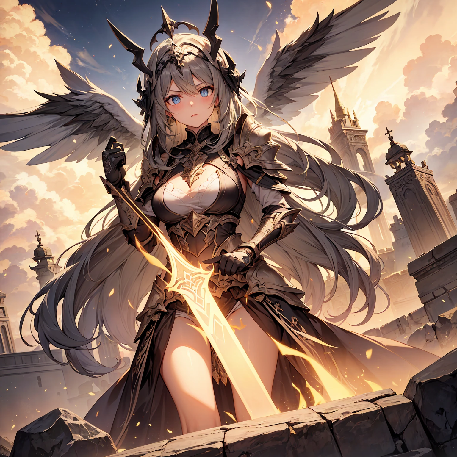 female archangel prepared for battle, an extremally beautiful warrior valkyre, ultra feminine, long hair, blond hair, braided hair, wearing divine heavy armor, cleavage, big breasts, (white armor: 1.2), (angel wings: 1.2) spread, aremed with fantasy sword, sword covered with blue fire, posing for a picture, flying high in the sky, open wings, showing whole body, flying body, zoomed out, sky environment, sunset, 16k, RAW, ultra wide shot, photorealism, depth of field, hyper realistic, 2.5 rendering