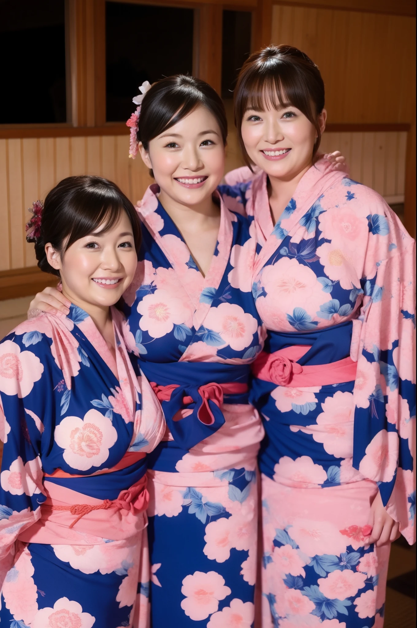 Attractive woman, ２men and women, Chubby, yukata、Big Breasts, Laughter、Hot spring inn、masterpiece, Highest quality,