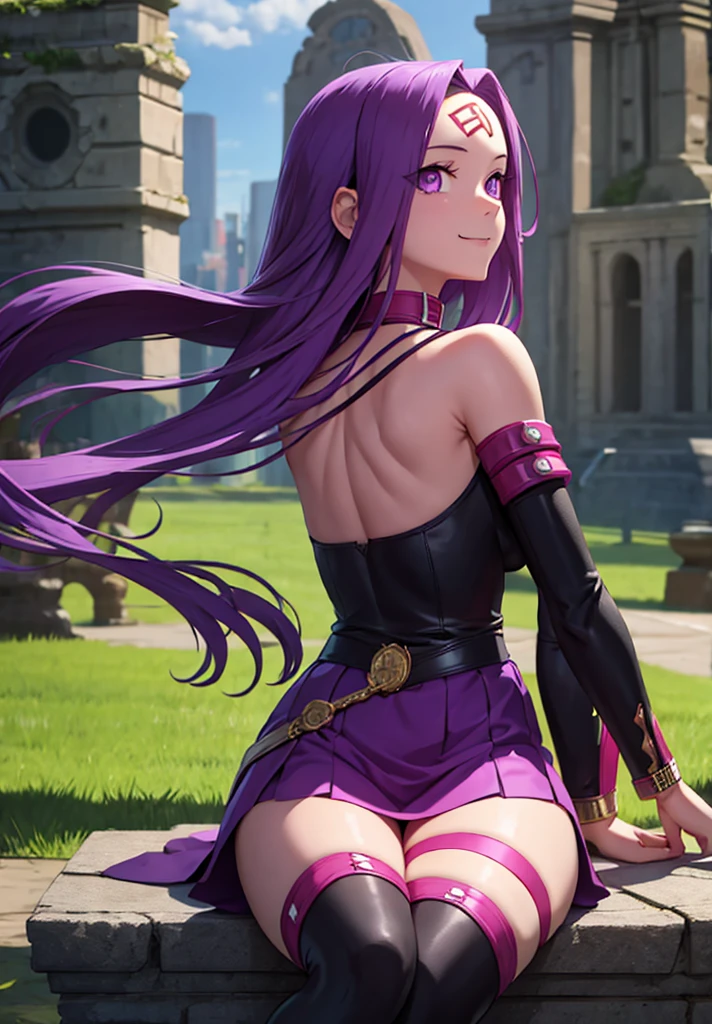 1girl, purple hair, absurdly long hair, forehead mark, purple eyes, animal collar, short dress, skirt, detached sleeves, arm belt, bracelet, thighhighs, sitting, from side, looking at viewer, smile, teeth, outdoors, ruins  score_9, score_8_up, score_7_up, score_6_up, score_5_up, score_4_up, (m-da s-tarou:0), masterpiece