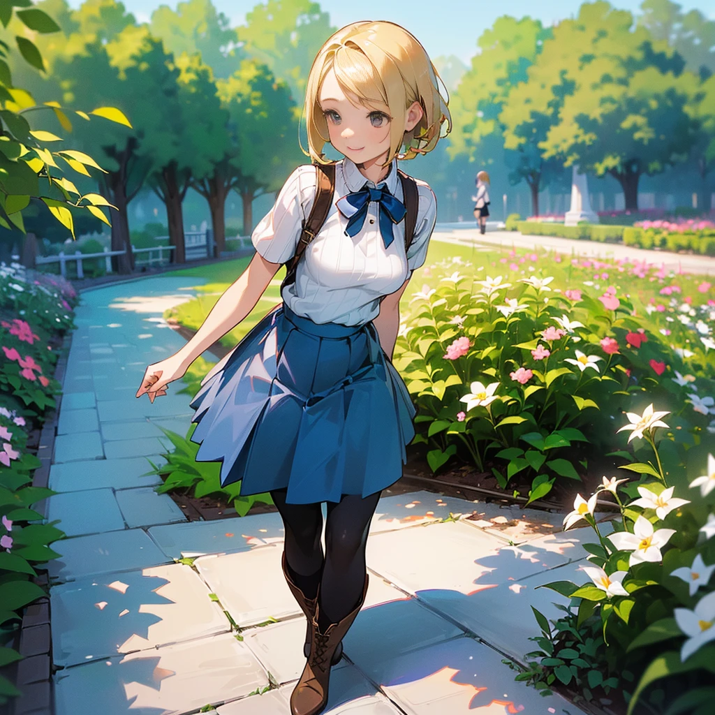 (high quality, High resolution, Very detailed, reality:1.37), Peaceful atmosphere, (Outdoor, garden), age girl standing alone, (my breasts are big.), Beautiful details, Cute Smile, (Blonde Bob Hair), Short sleeve ribbed sweater, Blue Skirt, Black tights, Brown boots.