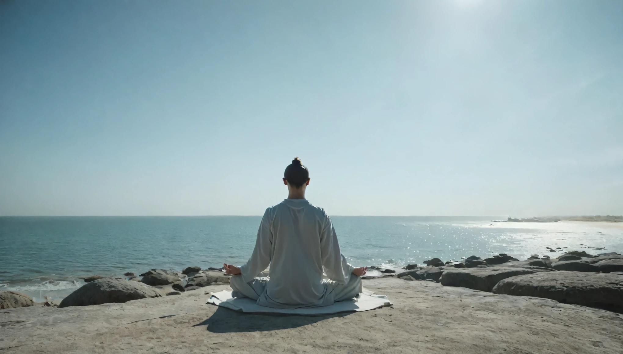 Person meditating on a clear day. Loose Clothes. cinematic lighting