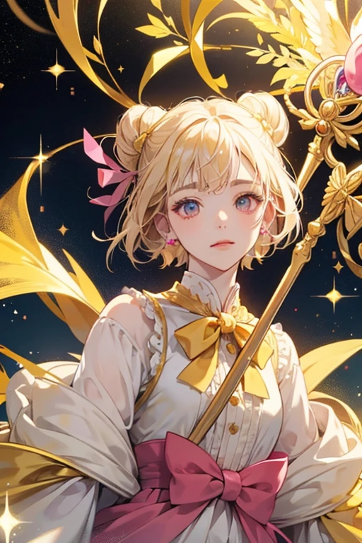 A pale yellow girl bear with gold inner-ear coloring and a pale fuchsia ribbon tied on her stick. She has squinting shut eyes and no mouth. SPARKLE; GLITTER