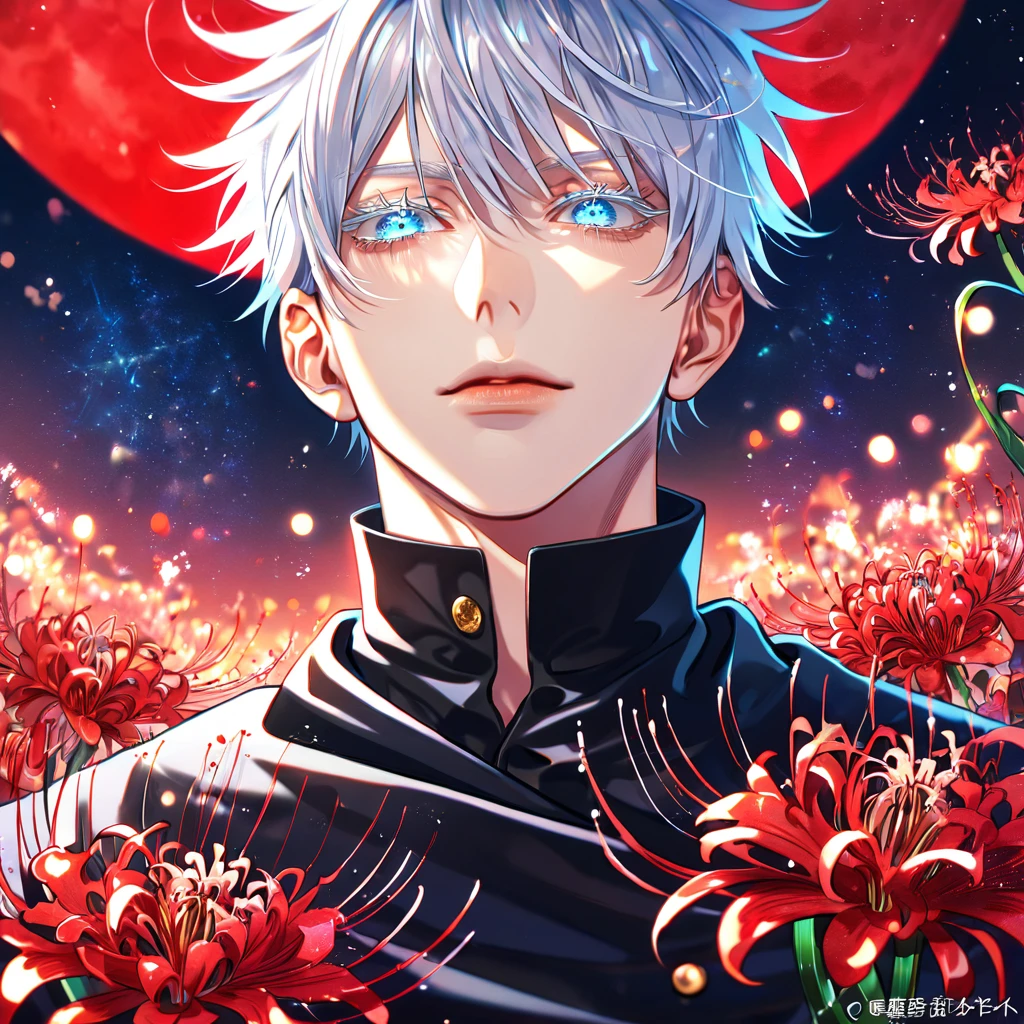 absurdres, highres, ultra detailed, HDR, master piece, best quality, extremely detailed, Gojou Satoru, white hair, expressive blue eyes, white eyelashes, Jujutsu Kaisen, solo, sexy man, handsome, sensual, black uniform, fantasy, red blood water, sparkling, red glittering fireflies, red moon, red blossoms, red spider lilies, red sparkling lights, starry sky, magical