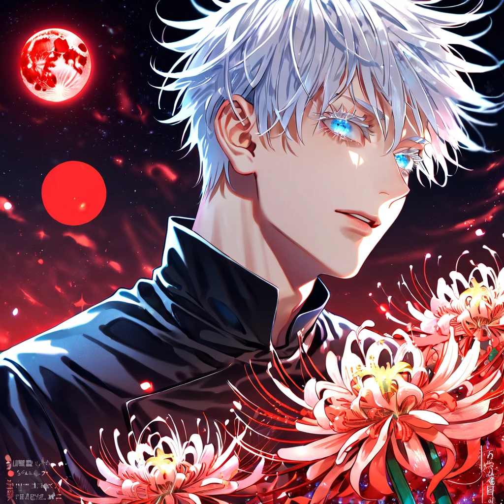 absurdres, highres, ultra detailed, HDR, master piece, best quality, extremely detailed, Gojou Satoru, white hair, expressive blue eyes, white eyelashes, Jujutsu Kaisen, solo, sexy man, handsome, sensual, black uniform, fantasy, red blood water, sparkling, red glittering fireflies, red moon, red blossoms, red spider lilies, red sparkling lights, starry sky, magical