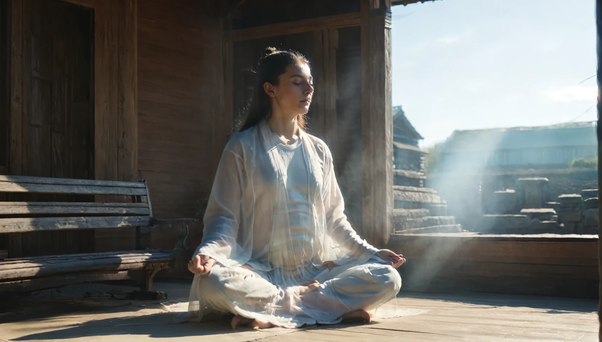 Person meditating on a clear day. Loose Clothes. cinematic lighting