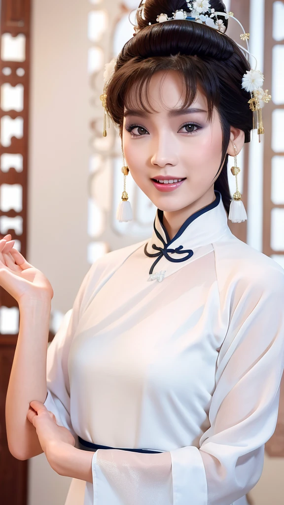 Fashion model 25 years old [[[[close up]]]], [[[[neck]]]], [[[[Shoulder]]]], Perfect eyes, Perfect iris，Perfect lips，Perfect Teeth，Perfect skin，White skin，Soft headlight，High-density imaging review，（Face is clear and delicate），((White Chinese costume))，((Smile))，((Background is Chinese interior))，best quality，masterpiece，（Soft colors：1.2）
