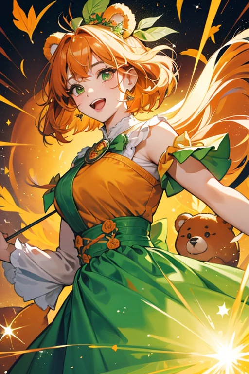 An orange bear with three sections on top of her head resembling bangs of hair. Each stick is held with a green leafy bow. She has a big opened mouth and shut eyes. SPARKLE; GLITTER