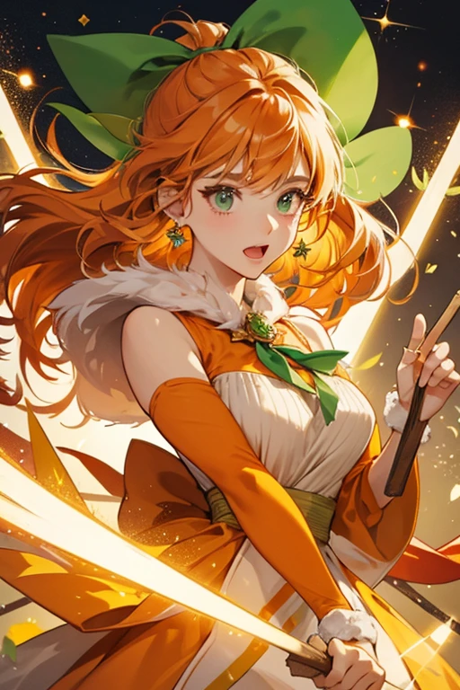 An orange bear with three sections on top of her head resembling bangs of hair. Each stick is held with a green leafy bow. She has a big opened mouth and shut eyes. SPARKLE; GLITTER
