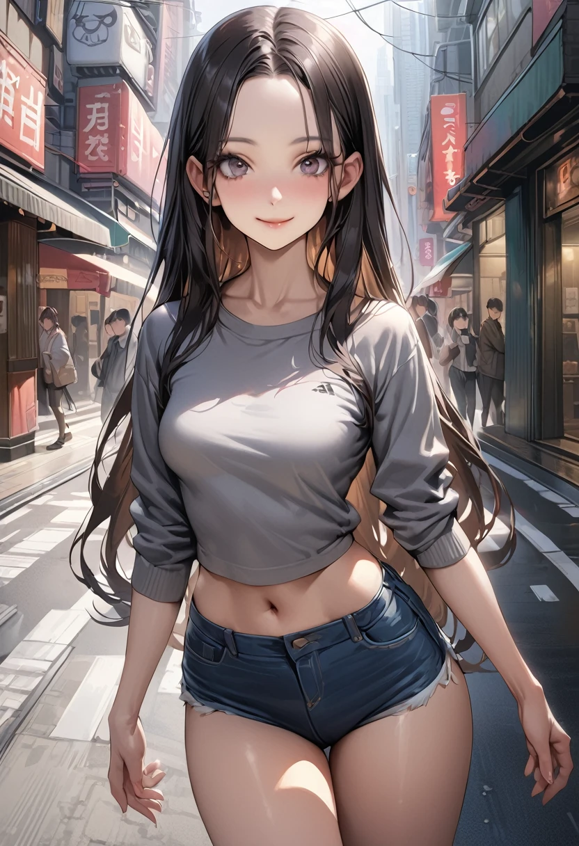 ((masterpiece,Highest quality:1.3,best quality illustration)),realistic,cowboy shot,独奏,1woman,(25 year old beauty),((very small head:1.3)),black hair,long hair,forehead,center parted bangs,black eyes,gorgeous big eyes,smile,((very long body,skinny)),medium breasts,gleaming skin,slender body,skinny,(oversized gray sweatshirt)、Denim Microshorts、standing,on street,Shinjuku、Tokyo、