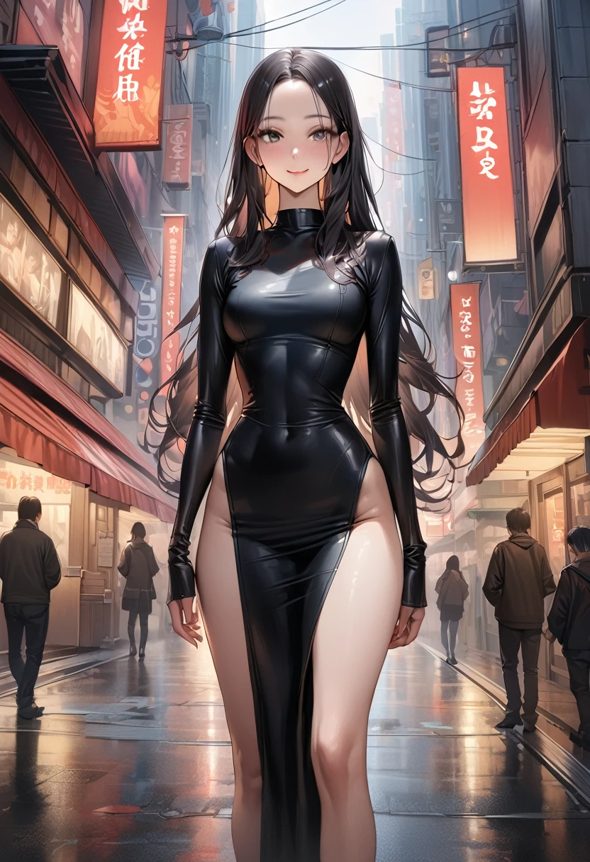 ((masterpiece,Highest quality:1.3,best illustration,realistic:0.7)),1woman、独奏,20 year old Japanese beauty,((very small head:1.3)),center parted bangs,forehead,black hair,long hair,black eyes,gorgeous eyes,Black-rimmed glasses、shy,medium breasts,((very long body:1.2)),((toned body,slender body,skinny)),gleaming skin,shiny skin,oily skin,(turtleneck、No sleeve、Grey plaid pleated mini skirt),on street,Tokyo、
