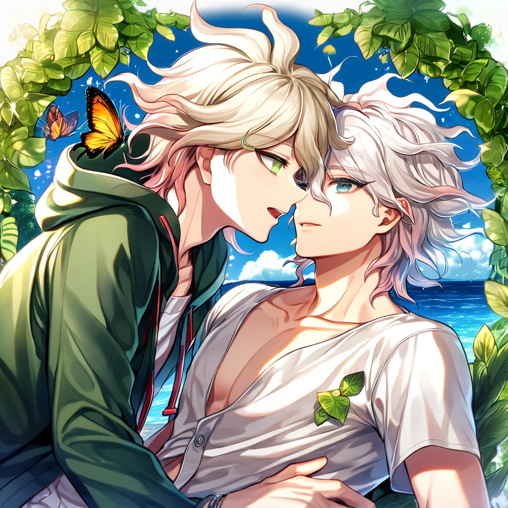 Ultra detailed, HDR, Highres, absurdres, master piece, Aiden, ash blonde hair, expressive green eyes, Komaeda Nagito, white hair, expressive green-gray eyes, green coat with hoodie, white shirt, Danganronpa 2, flowers, butterflies, fantasy, magical, green leaves, summer, handsome, two sexy man together, gay couple, yaoi, love, sensual, island