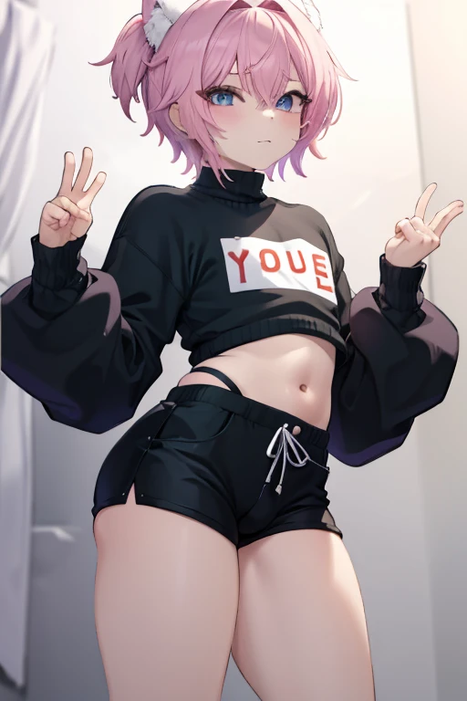 Um boy femboy, 独奏, wearing a bulky sweater with long sleeves, with short shorts highlighting his member, with a very sexy pose, boy, male slim body