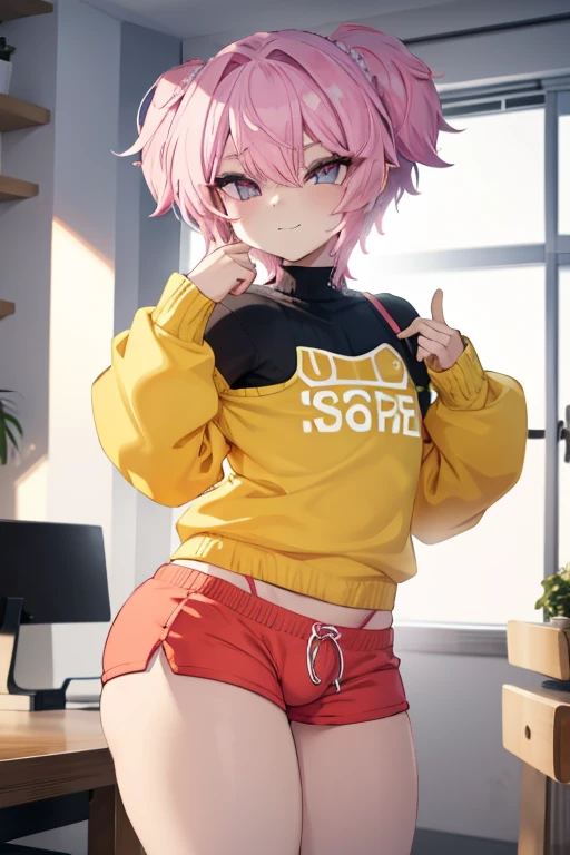 Um  boy femboy, 独奏, wearing a bulky sweater with long sleeves, with short shorts highlighting his member, with a very sexy pose,  boy, male slim body