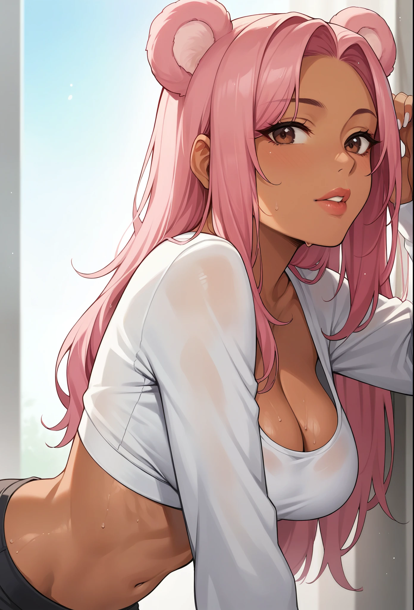 The sky is low, mix_Artwork Style, Hanging , big , Cleavage, Sweaty, sexy, thick, 1 girl, Brown eyes, Pink Hair, Long Hair, Dark Skin, Pink bear ears, Long sleeve, Sleeves are longer than the wrist, Crop top, Improve, lips, White nails, Long nails