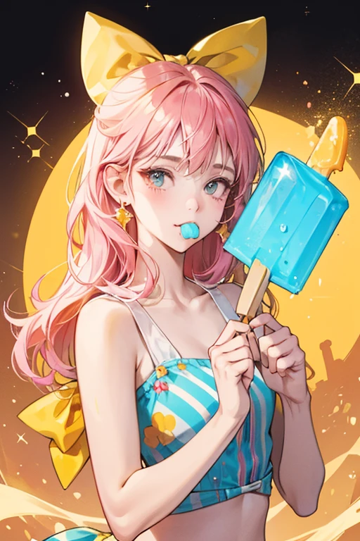 A freezie pop girl cat Num with a squinting eye and no mouth. Her body is in 3 stripes: One Dark Pink, one Bright Orange, and one Deep Yellow. Plugged on top of her is a popsicle stick adorned by a sandy yellow bow. SPARKLE; GLITTER