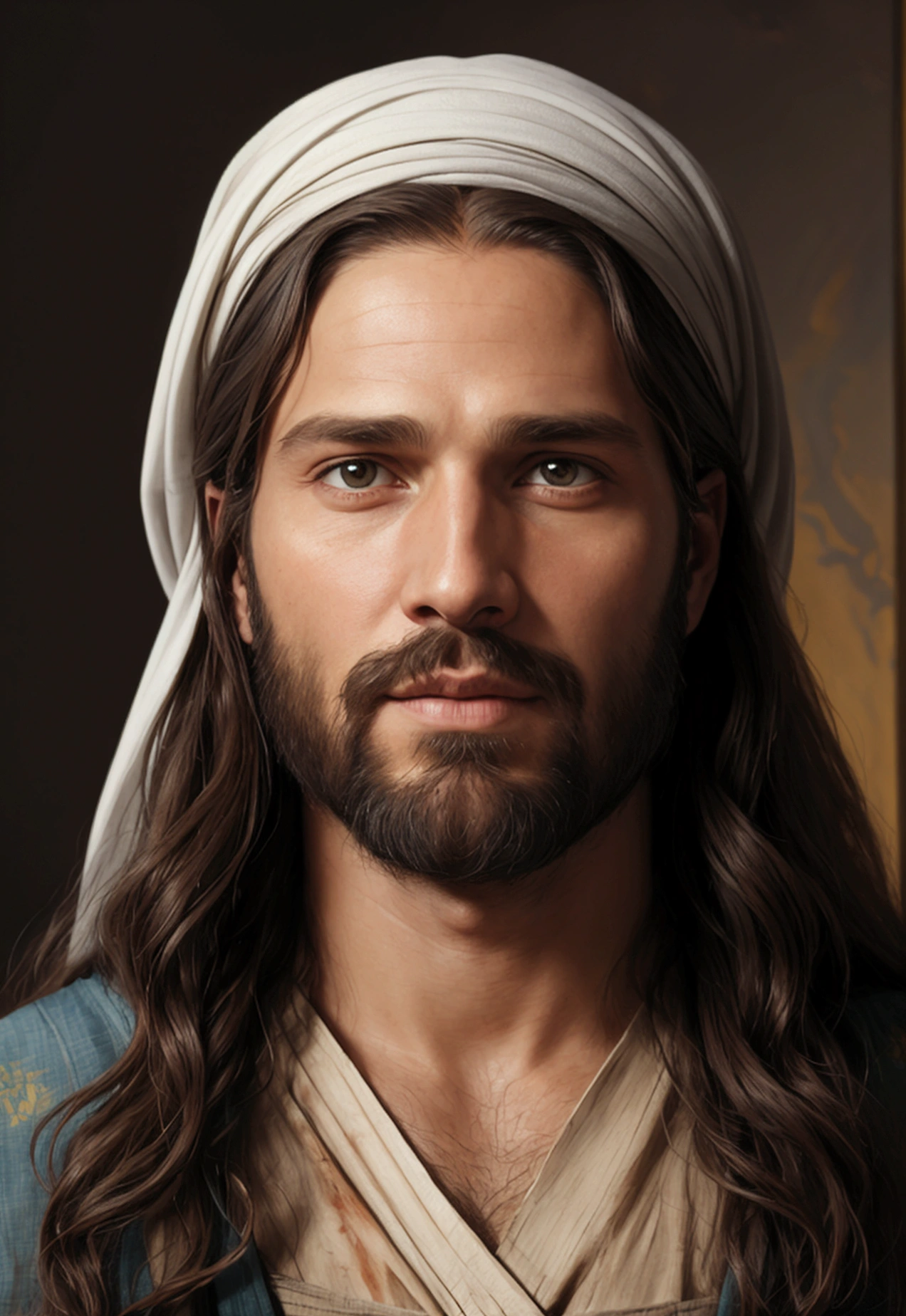 Arafed image of a man with long hair and beard, portrait of JesusChrist, JesusChrist, greg olsen, Jesus of Nazareth, painted in high resolution, the lord and savior, Jon McNaughton, 8K resolution. oil on canvas, jesus face, portrait of religious masterpiece, ultra detail. digitalpainting, dressed as JesusChrist, very beautiful portrait, heavenly background