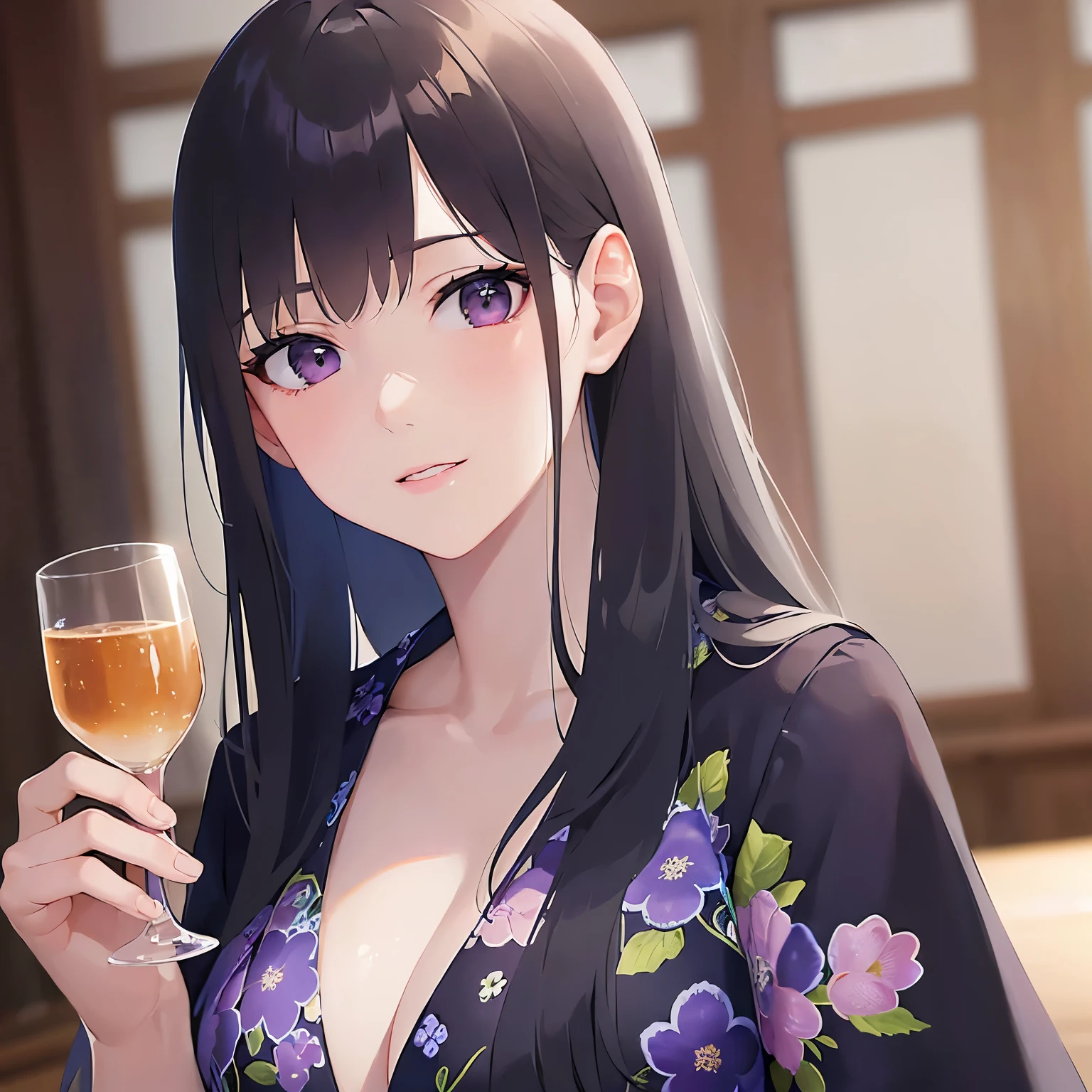 (looking away:1.5)、side ungle,Upper Body,
Realistic, real person, (pale skin: 1.2), RAW photo, photorealistic, shiny skin, shiny hair、
(A 25-year-old woman with straight hair and bangs) and (medium hair) and (black hair) and (purple eyes) ,
yukata,
smile, Holding a glass、The background is the banquet hall