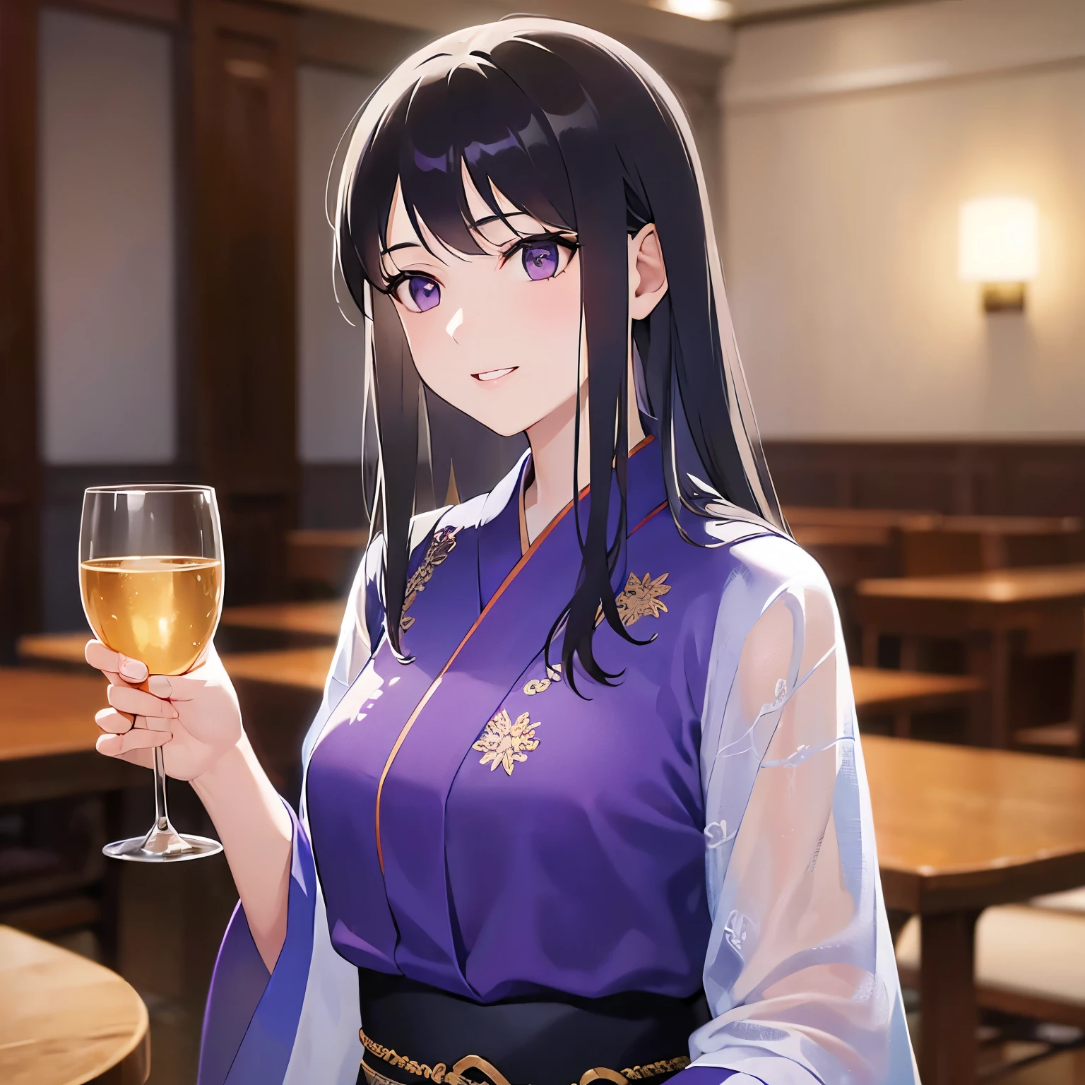 (looking away:1.5)、side ungle,Upper Body,
Realistic, real person, (pale skin: 1.2), RAW photo, photorealistic, shiny skin, shiny hair、
(A 25-year-old woman with straight hair and bangs) and (medium hair) and (black hair) and (purple eyes) ,
yukata,
smile, Holding a glass、The background is the banquet hall
