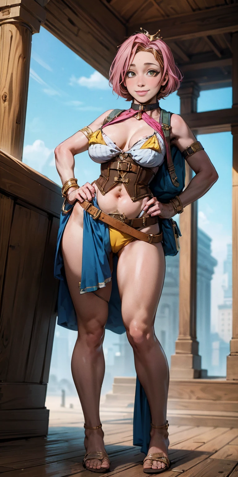 masterpiece, best quality, full body, barefoot, solo, female, big breast, Android 18, yellow bikini, hands on waist, navel, lustful smirking smiling, smile face (red blushed, red cheeks), metal shoulders, gold sleeveless armbands, black leather choker collar, shackle bracelets, pauldrons, breastplate, corset, eye focus, full body, whole body, loincloth standing, hands on hips, metal sandals, backpack, twin big belt, view from below, feet together, bracers, tiara